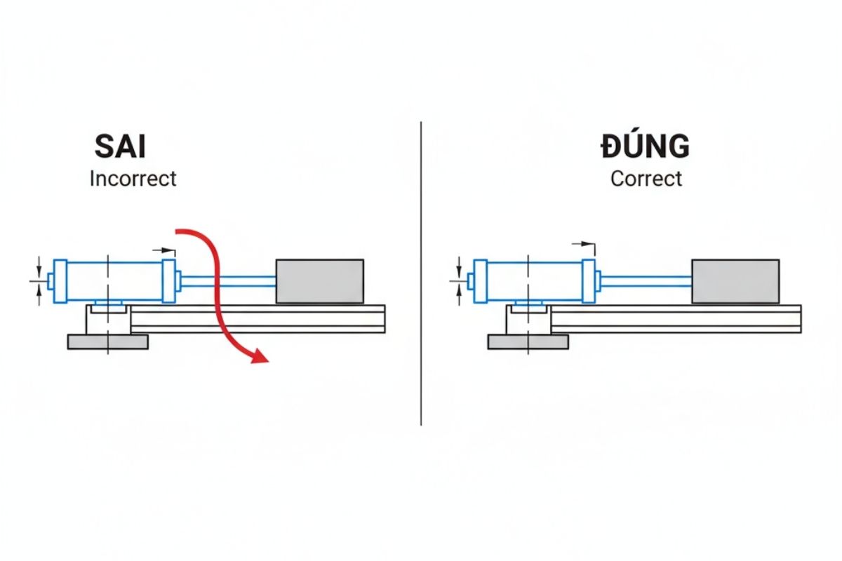Sơ đồ kỹ thuật mô tả lỗi lắp đặt xi lanh khí nén bị lệch tâm (side load) so với cách lắp đặt đúng.