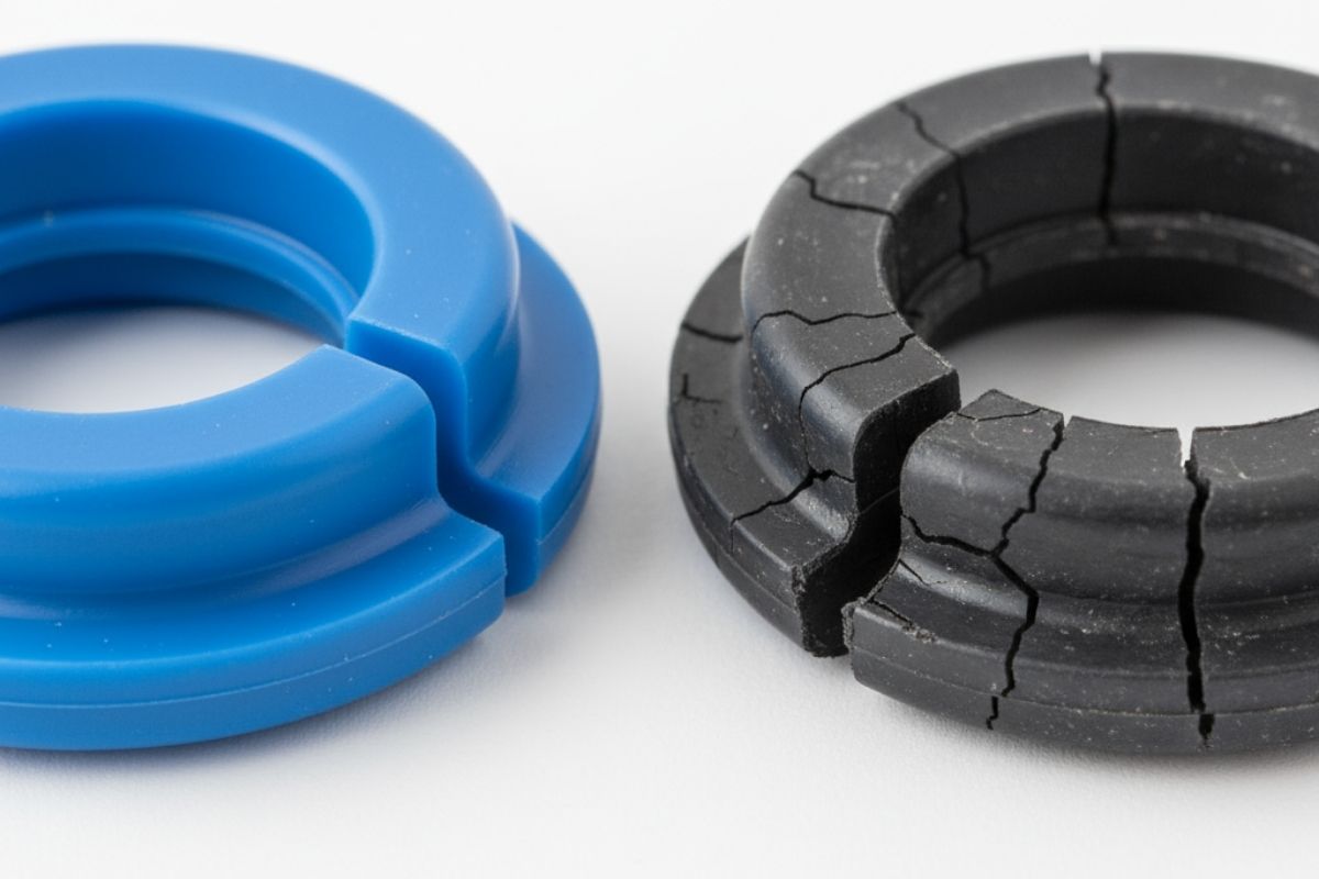 So sánh hình ảnh gioăng phớt xi lanh khí nén mới và một chiếc phớt cũ bị mòn, nứt vỡ.