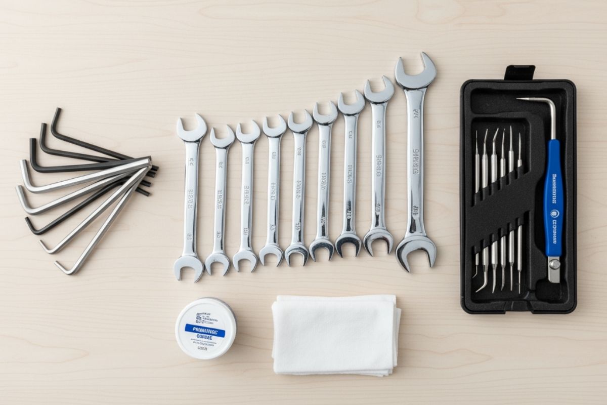 Các dụng cụ cần thiết để sửa xi lanh khí nén: cờ lê, lục giác, mỡ bôi trơn chuyên dụng, bộ tháo phớt.