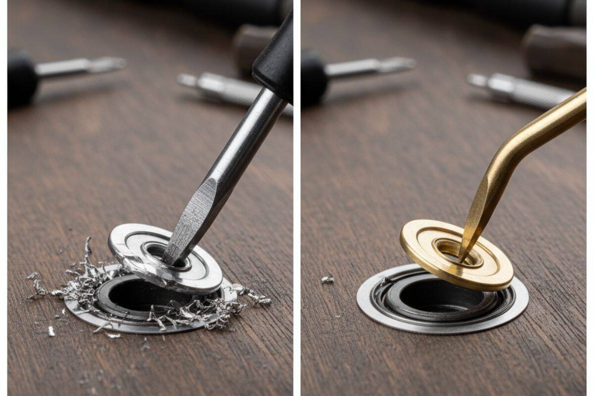 Hình ảnh so sánh việc dùng tua-vít (sai) và dụng cụ tháo phớt (đúng)