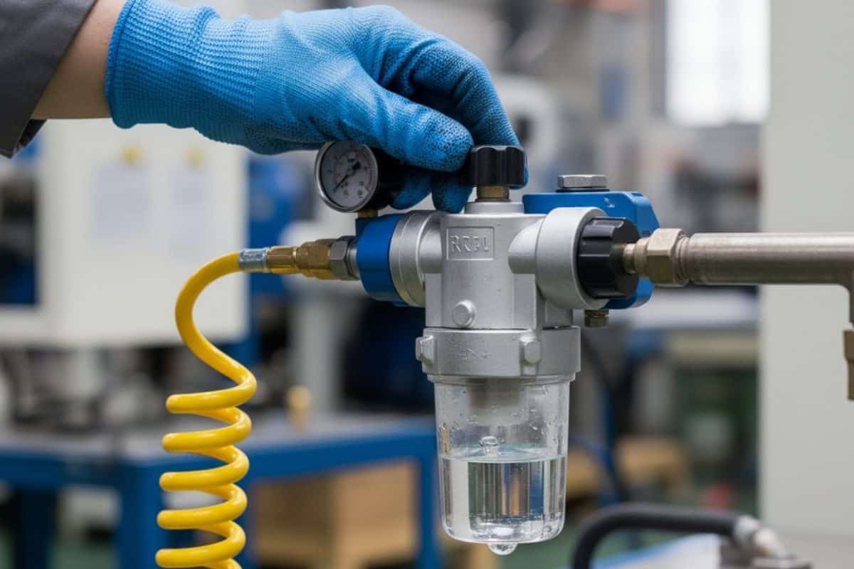 Kỹ thuật viên đang kiểm tra bộ lọc khí (FRL) trong checklist bảo dưỡng