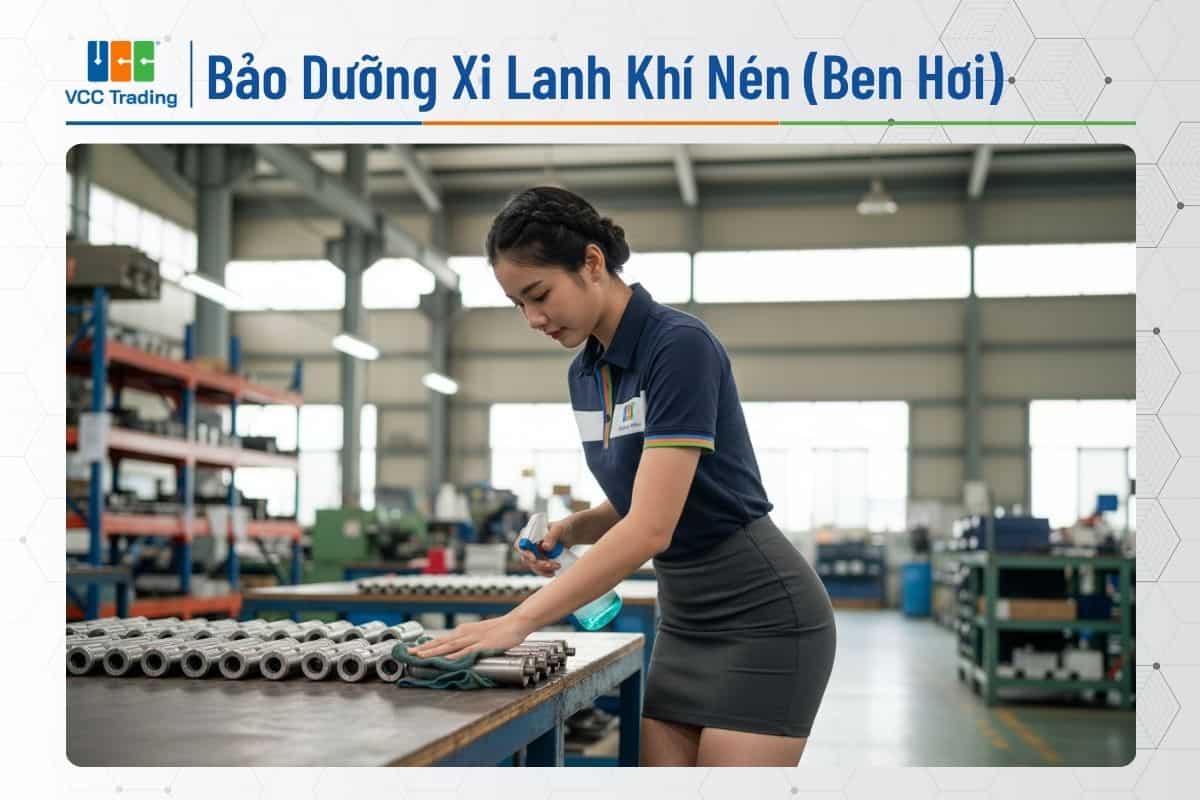 Nữ kỹ thuật viên đang lau dọn xi lanh khí nén