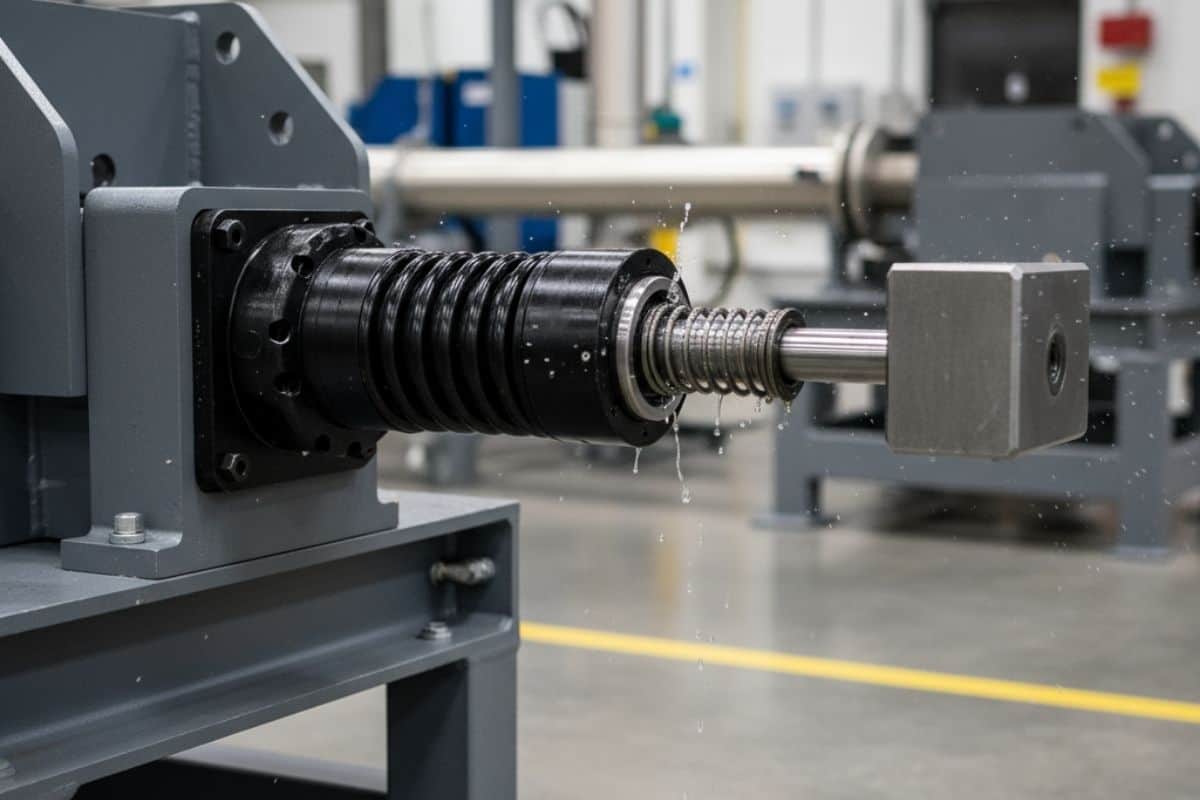 Hình ảnh minh họa một giảm chấn thủy lực (shock absorber) công nghiệp được lắp bên ngoài để trợ lực.