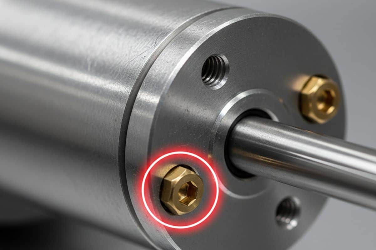 Hình ảnh cận cảnh khoanh đỏ vị trí vít chỉnh giảm chấn (đệm khí) trên đầu xi lanh khí nén.