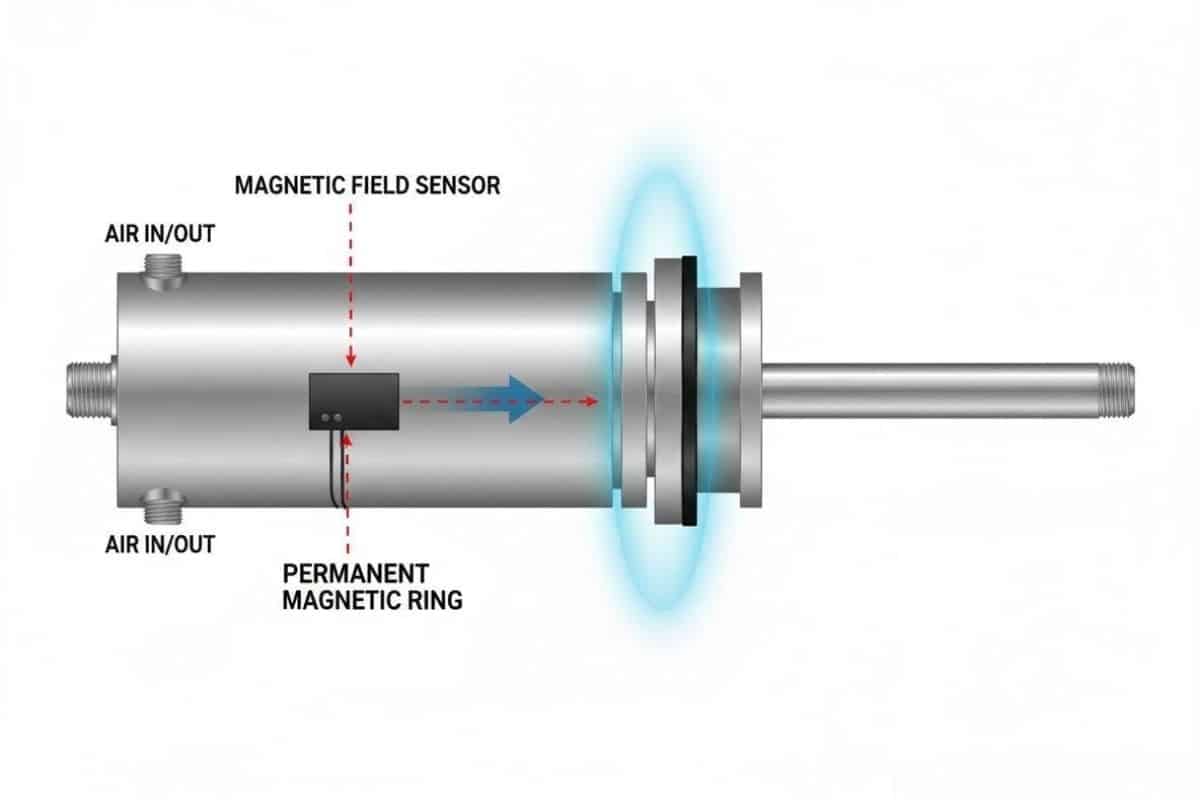 Cấu tạo vòng nam châm vĩnh cửu bên trong piston xi lanh khí nén tác động lên cảm biến.