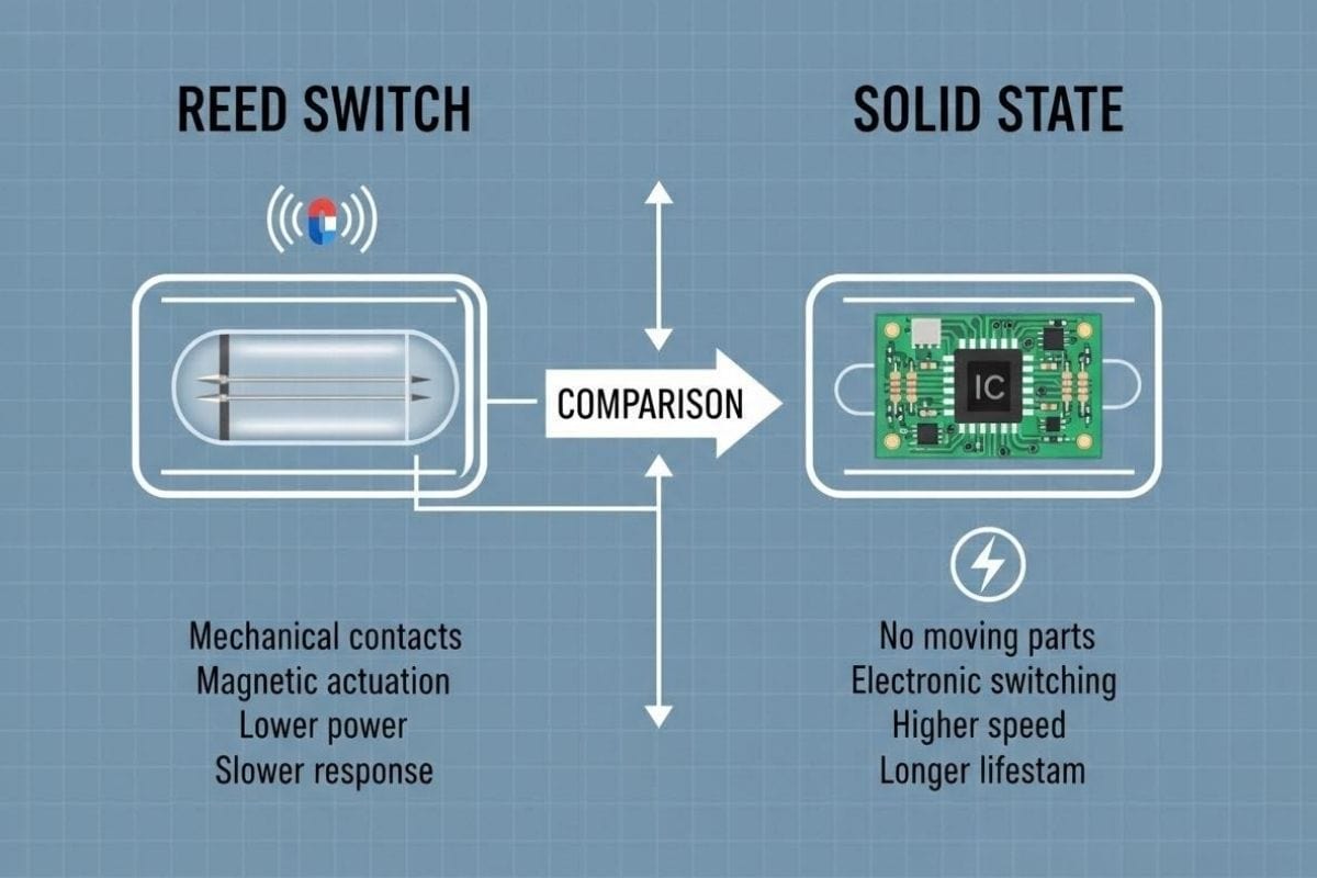 So sánh cấu tạo bên trong cảm biến Reed Switch (tiếp điểm cơ) và Solid State (bán dẫn).