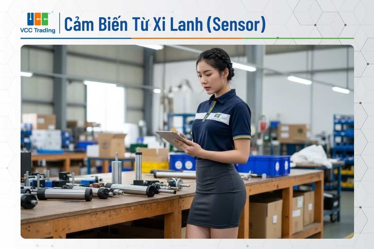 Cô gái đang kiểm tra cảm biến sensor từ và xi lanh khí nén.