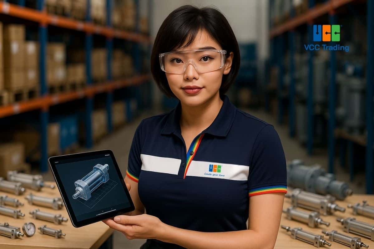 Nữ kỹ sư đang chọn xi lanh khí nén