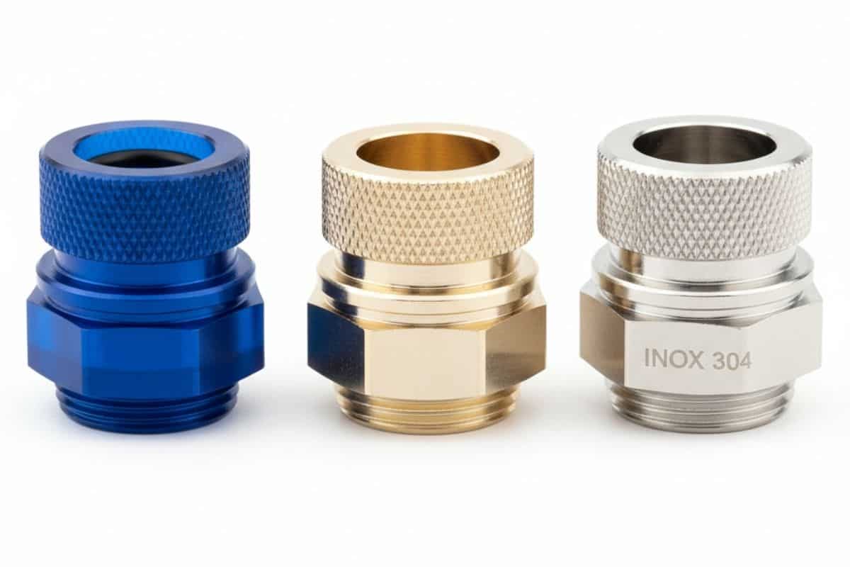 So sánh ba loại vật liệu cút nối khí nén: Nhựa (phổ thông), Đồng (chịu nhiệt), và Inox 304 (cho thực phẩm).