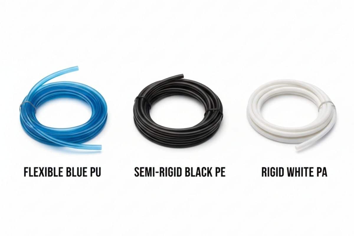 Ba cuộn ống khí nén với vật liệu khác nhau: Ống PU (mềm, màu xanh), ống PE (cứng, màu đen), và ống PA (cứng, màu trắng).