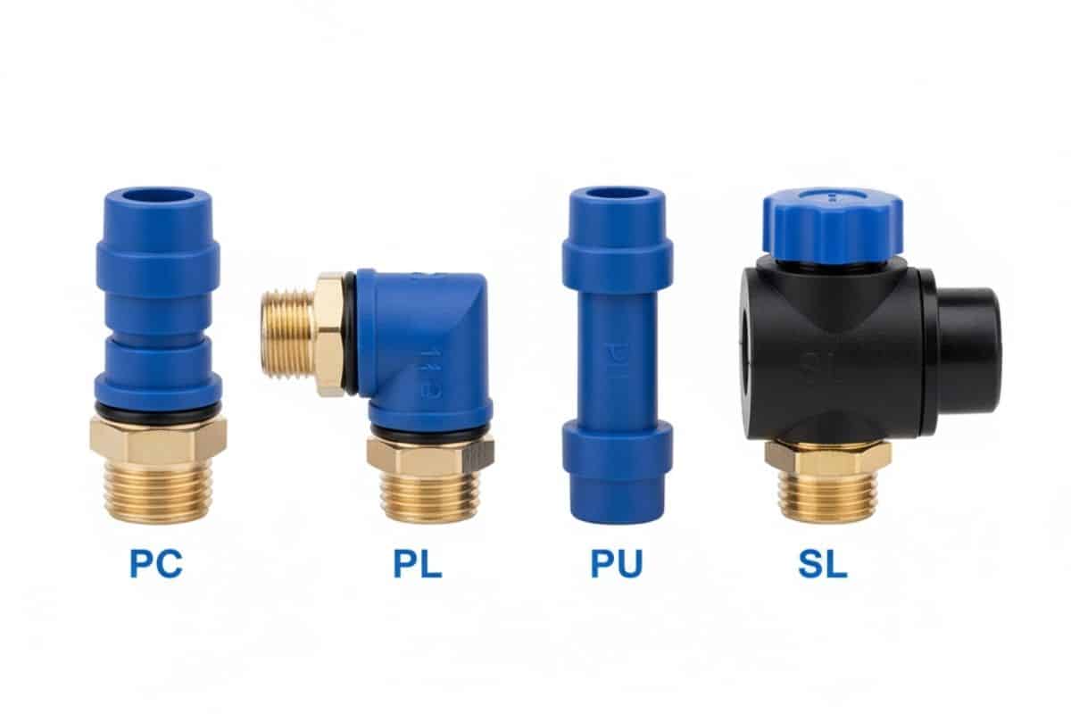 Các loại đầu nối nhanh khí nén phổ biến: PC (thẳng), PL (góc), PU (nối thẳng), và SL (tiết lưu).