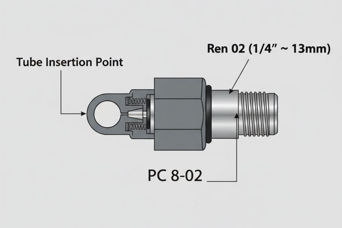 Hình ảnh chú thích cách đọc thông số cút nối xi lanh PC 8-02, chỉ rõ ống phi 8 và ren 13mm.