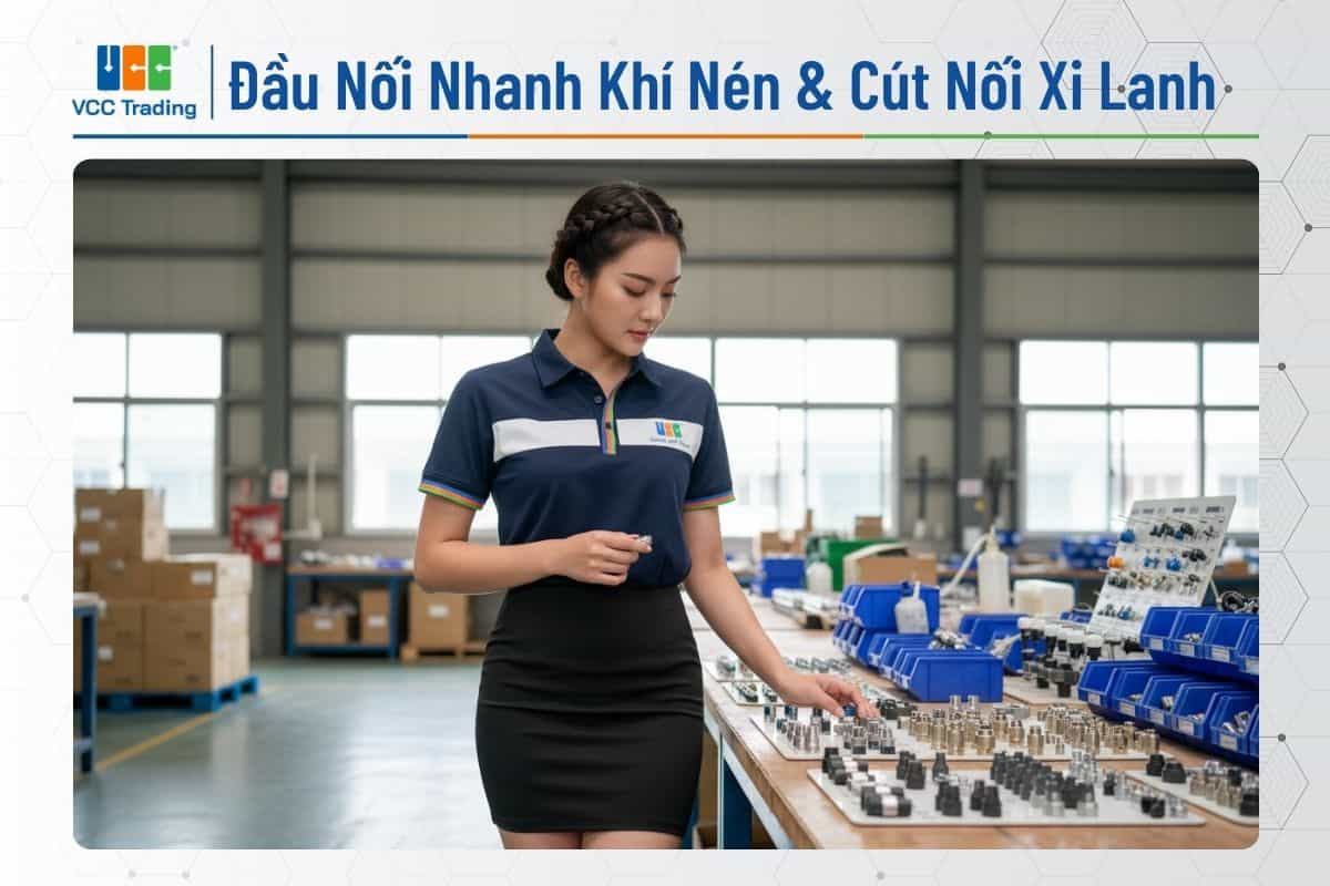 Nữ kỹ sư đang xem xét các loại đầu nối nhanh khí nén khác nhau trên bàn.