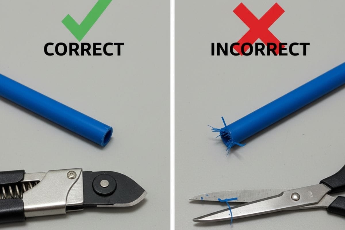 Lỗi sai khi lắp đặt ống khí nén: Cắt ống đúng (phẳng) và cắt ống sai (bị xéo) bằng kéo.