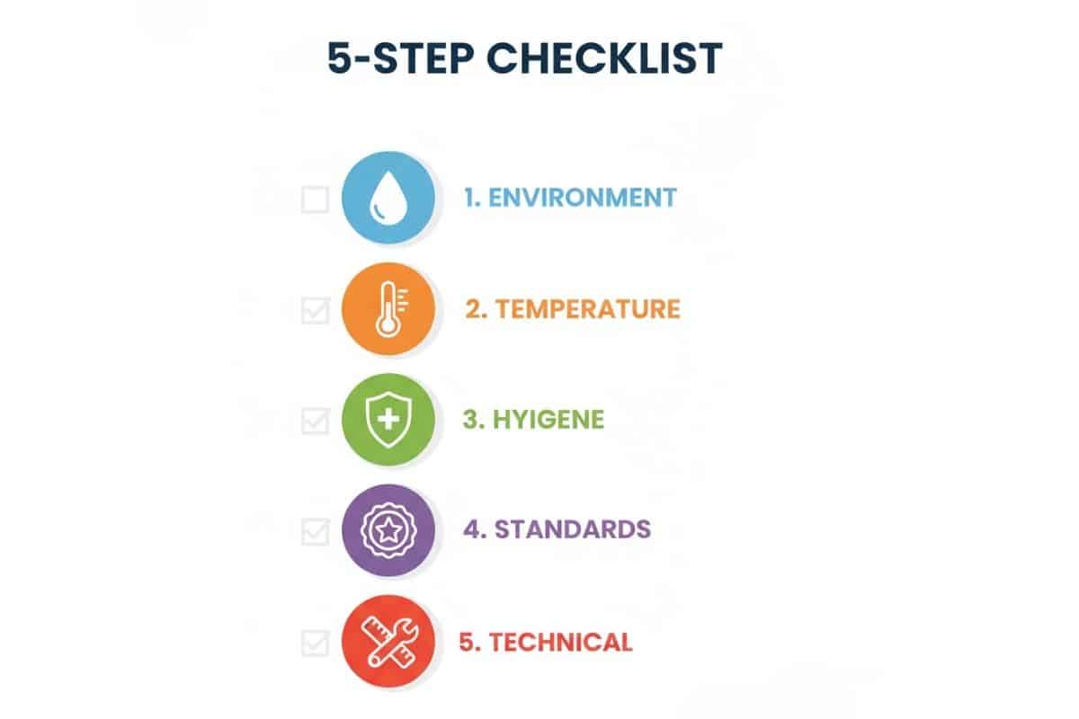 Infographic 5 bước checklist chọn xi lanh cho ngành thực phẩm (môi trường, nhiệt độ, vệ sinh, tiêu chuẩn, kỹ thuật).