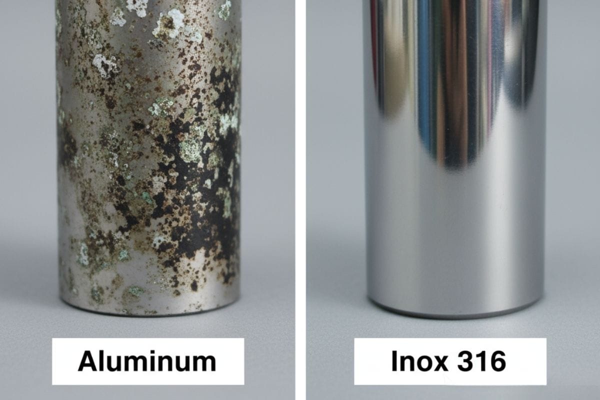 So sánh cận cảnh xi lanh Inox 316 chống ăn mòn và xi lanh nhôm bị rỉ sét trong môi trường thực phẩm.