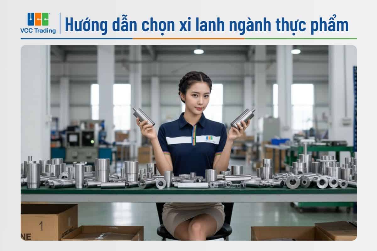 Cô gái đang so sánh xi lanh nhôm thông thường và xi lanh inox 316 cho thực phẩm