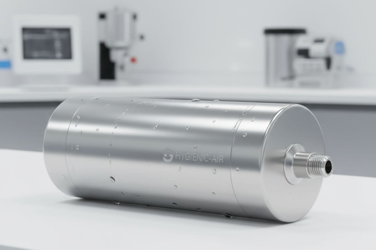 Hình ảnh minh họa một xi lanh inox có thiết kế vệ sinh (Hygienic Design) thân tròn trơn, không góc chết, dễ dàng xịt rửa.