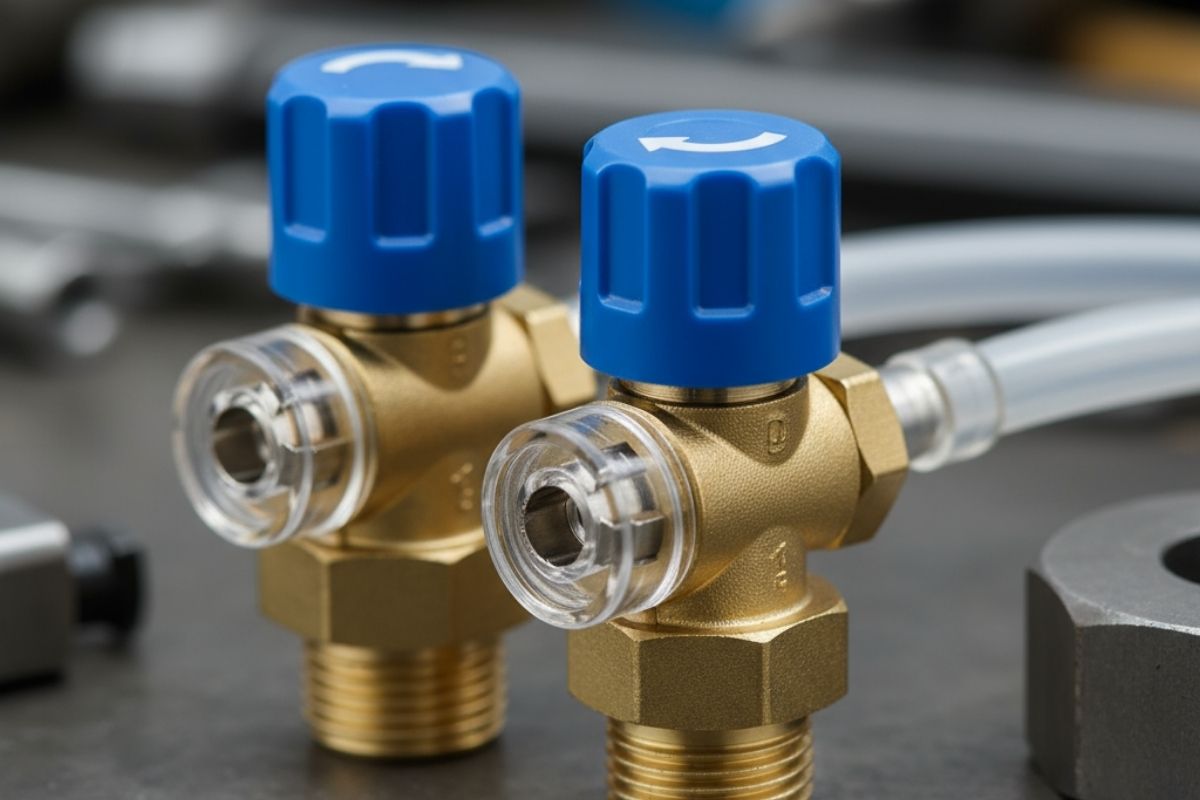 Cận cảnh van tiết lưu khí nén (van điều khiển tốc độ) dùng để chỉnh tốc độ xi lanh.