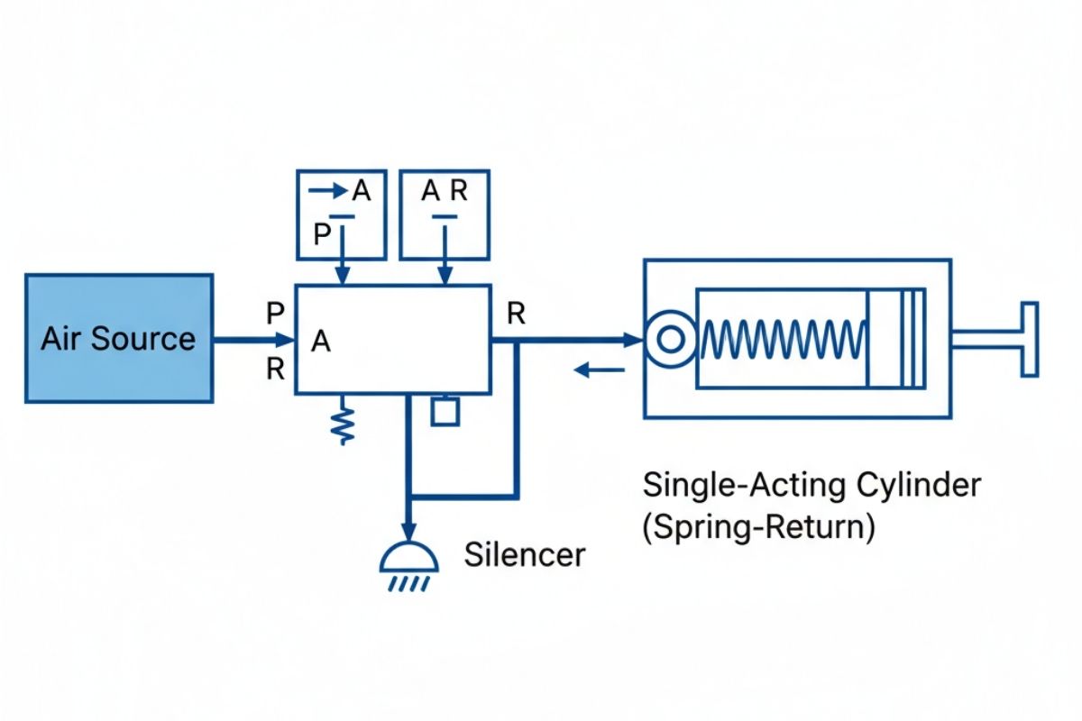 Sơ đồ đấu nối ống khí từ van 3/2 đến xi lanh tác động đơn (1 chiều).