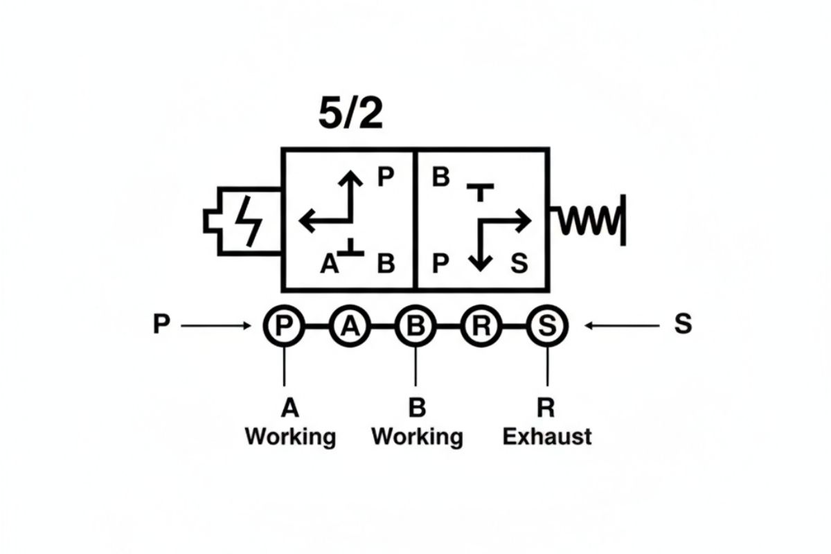 Sơ đồ giải thích ý nghĩa các cổng P, A, B, R, S trên van khí nén 5/2.