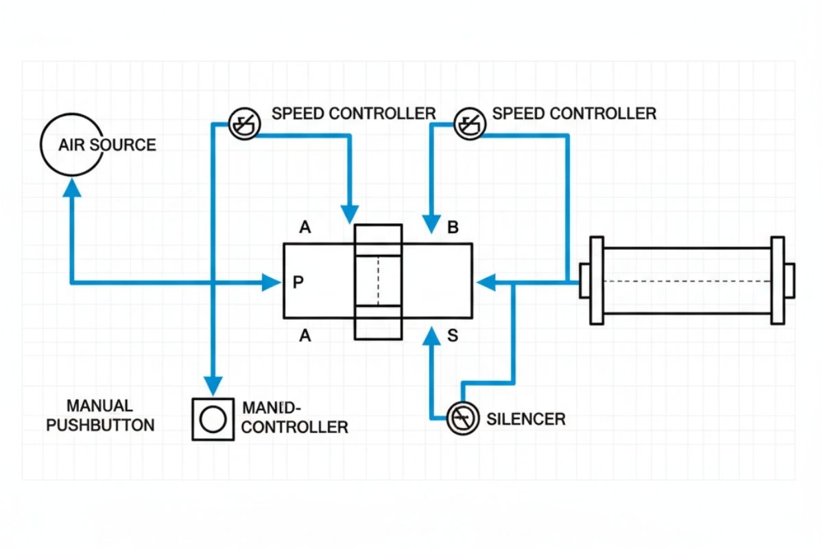 Sơ đồ đấu nối ống khí từ van 5/2 đến xi lanh tác động kép (2 chiều).
