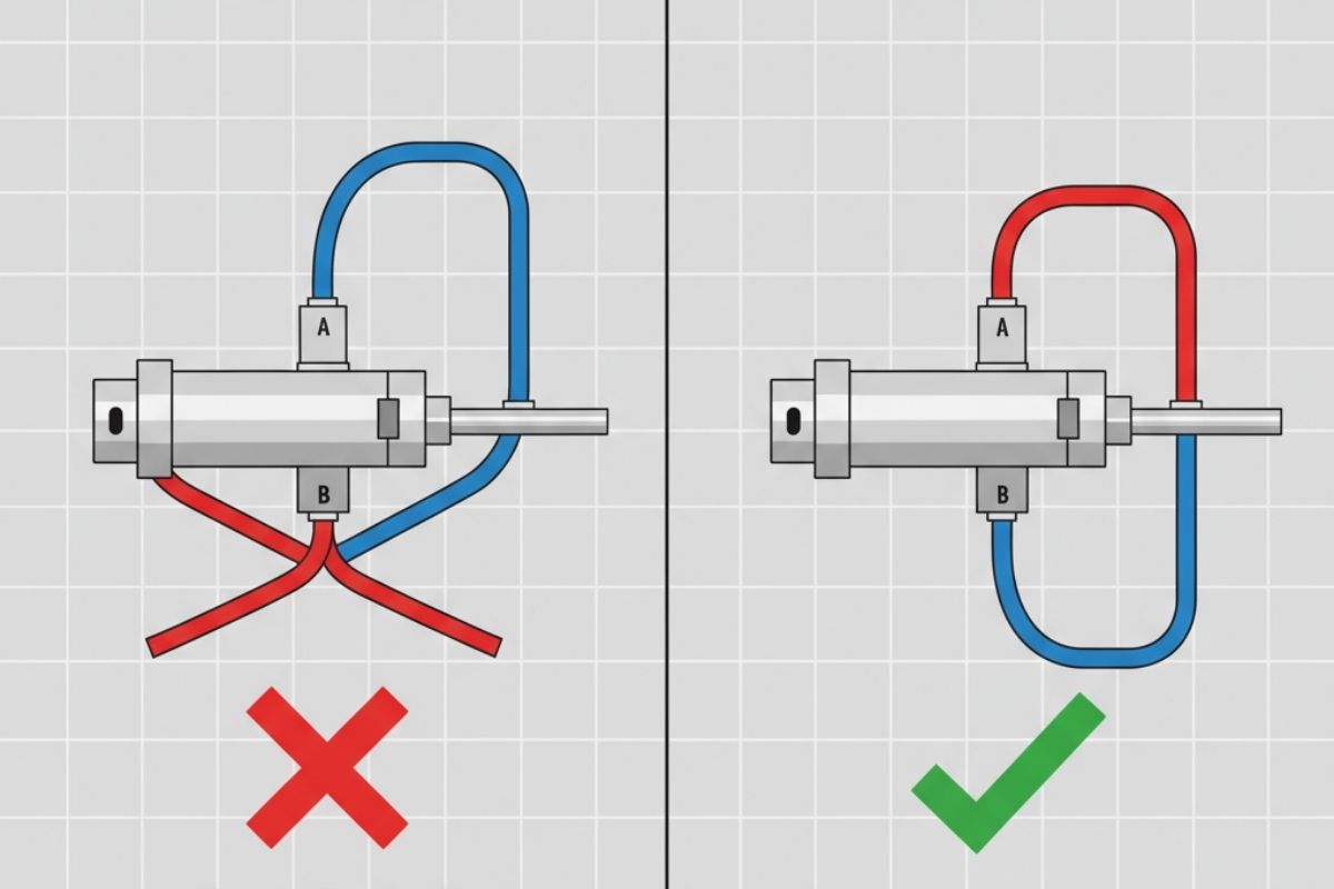 Minh họa lỗi đấu nối ngược ống khí A và B khiến xi lanh chạy ngược và cách khắc phục.