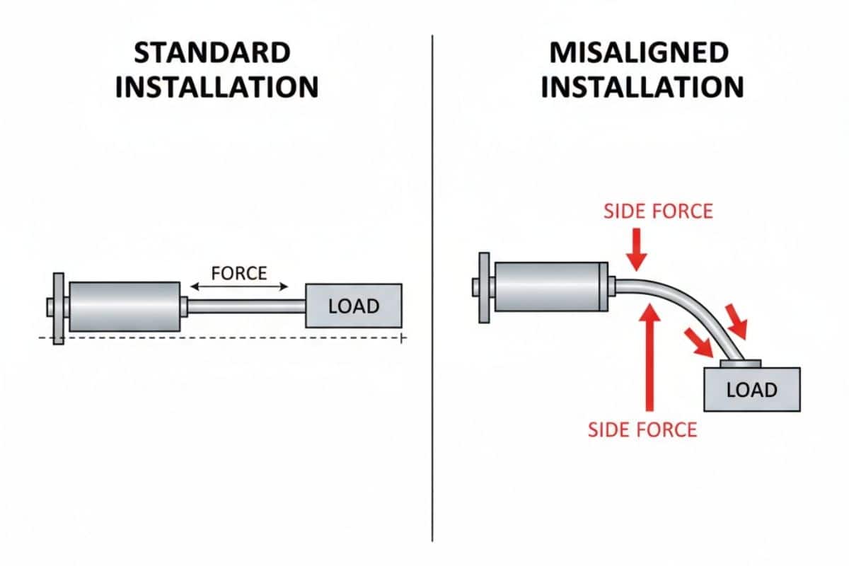 Sơ đồ minh họa lỗi lệch trục (misalignment) khi lắp gá đỡ xi lanh.
