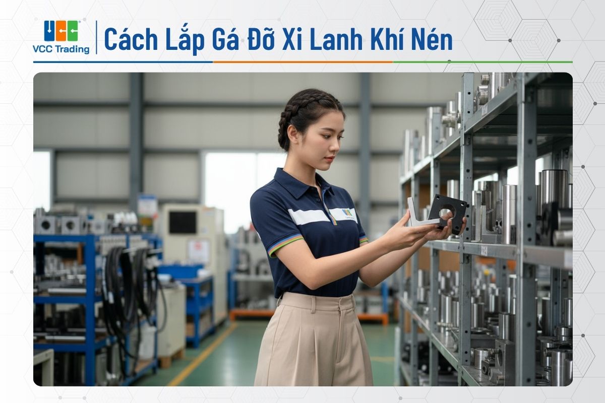 Cô gái đang so sánh gá đỡ xi lanh khí nén loại LB và FA.