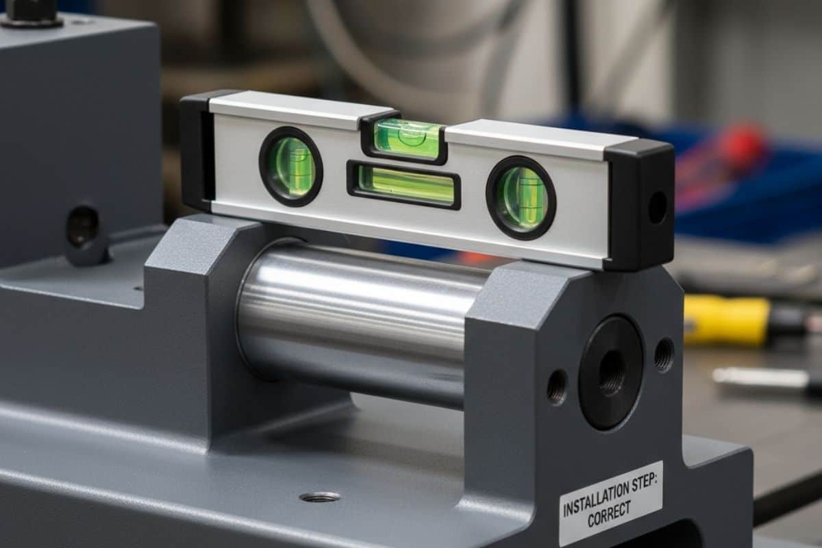 Kỹ thuật viên dùng thước thủy kiểm tra độ phẳng khi lắp gá đỡ xi lanh.