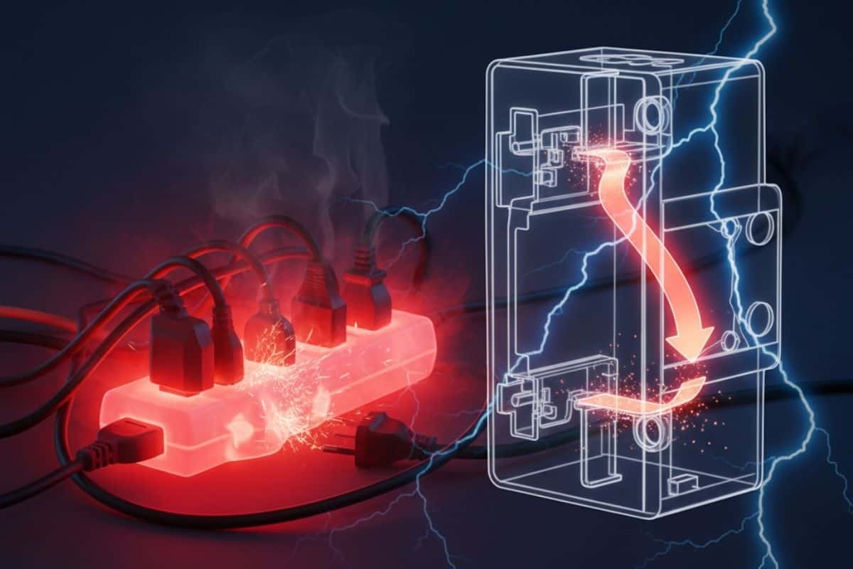 Hình ảnh minh họa khái niệm quá tải điện với một ổ cắm nhiều thiết bị và thanh lưỡng kim của MCB đang cong lên để ngắt mạch.