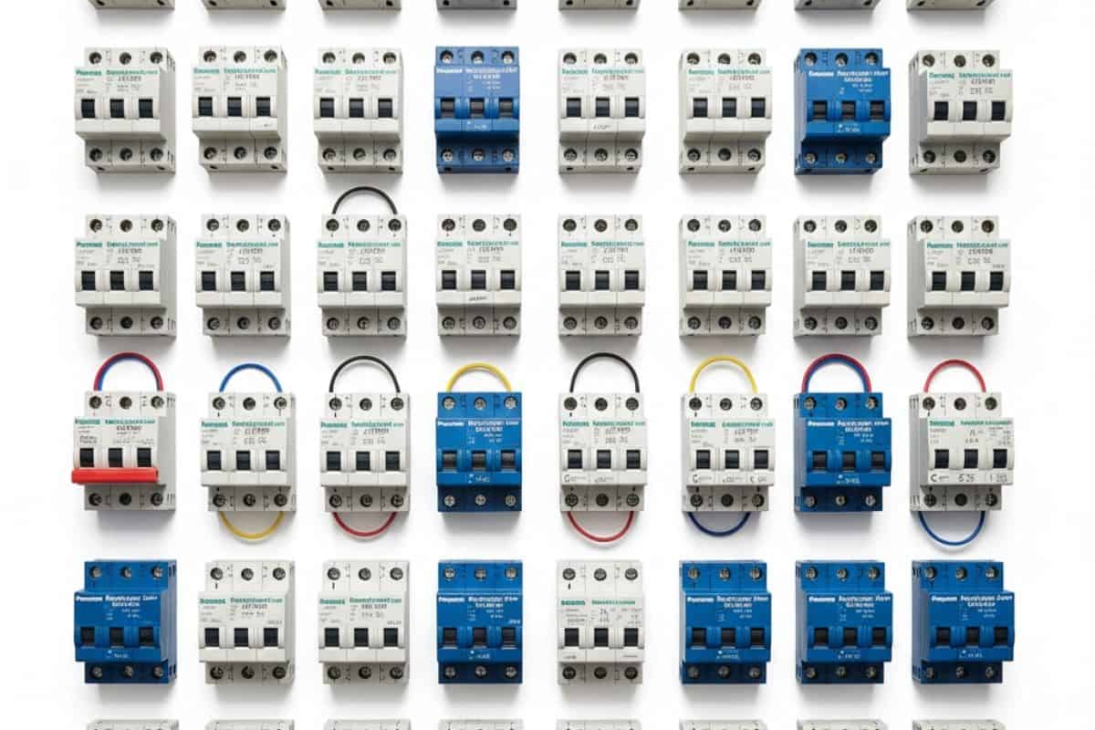 Một bộ sưu tập các loại aptomat MCB từ nhiều thương hiệu nổi tiếng như Schneider, Panasonic.
