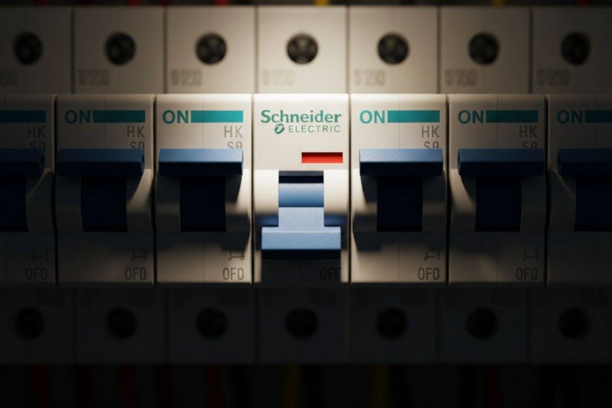 Hình ảnh một chiếc aptomat MCB trong tủ điện đang ở vị trí OFF (nhảy), thể hiện tình huống sự cố cần được xử lý.
