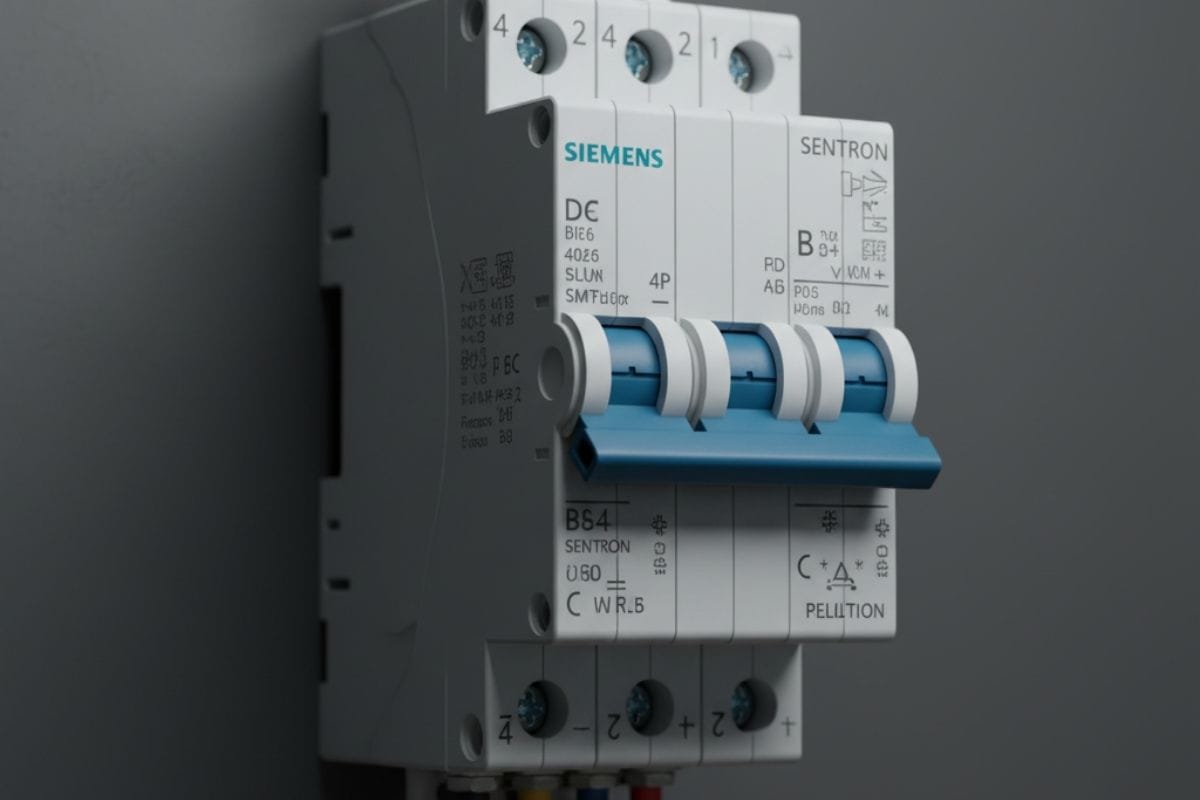 Cận cảnh một chiếc aptomat MCB 4P của Siemens, thể hiện sự phức tạp và toàn diện trong bảo vệ điện 3 pha.