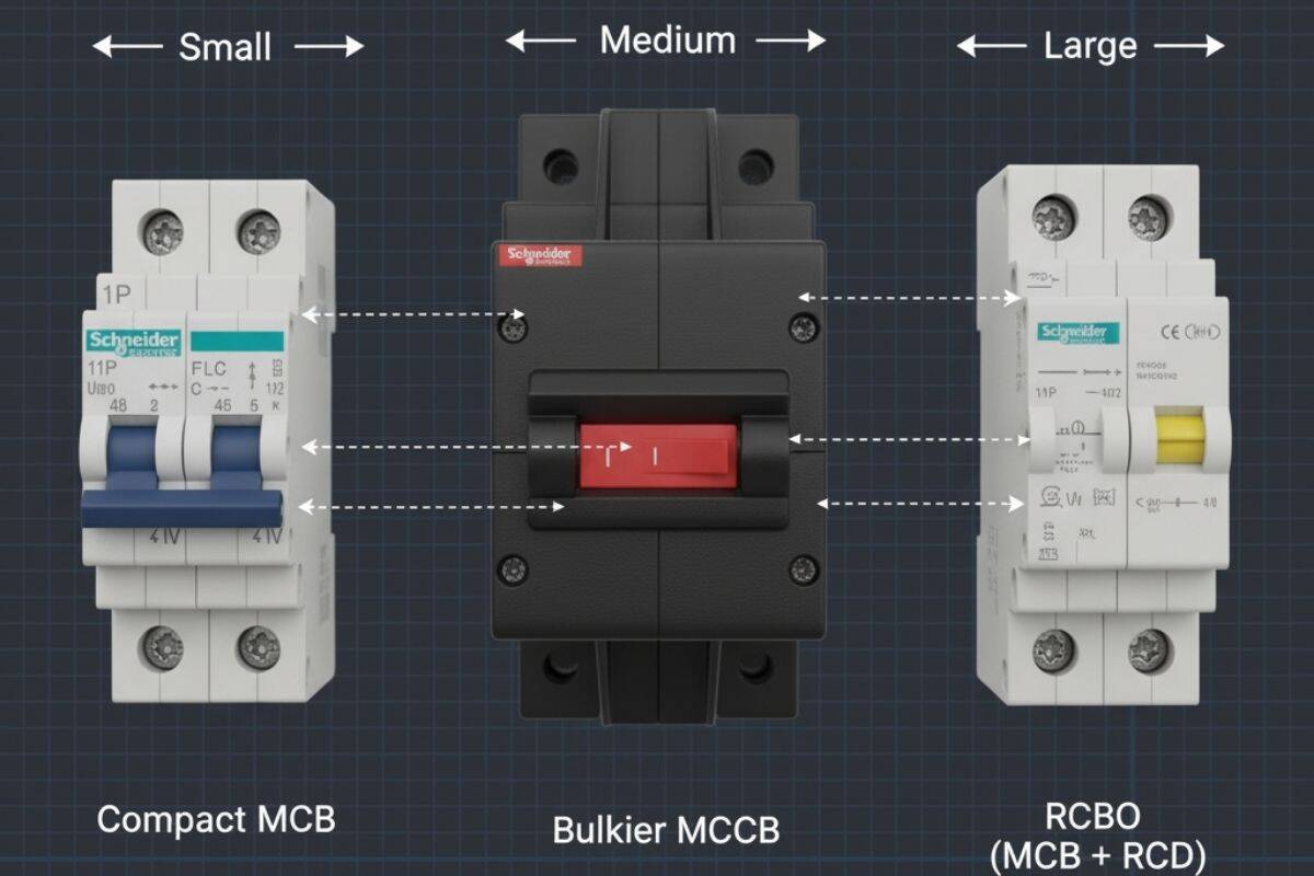 Ba thiết bị MCB, MCCB, và RCBO được đặt cạnh nhau trên một mặt phẳng để người dùng dễ dàng so sánh sự khác biệt về kích thước.