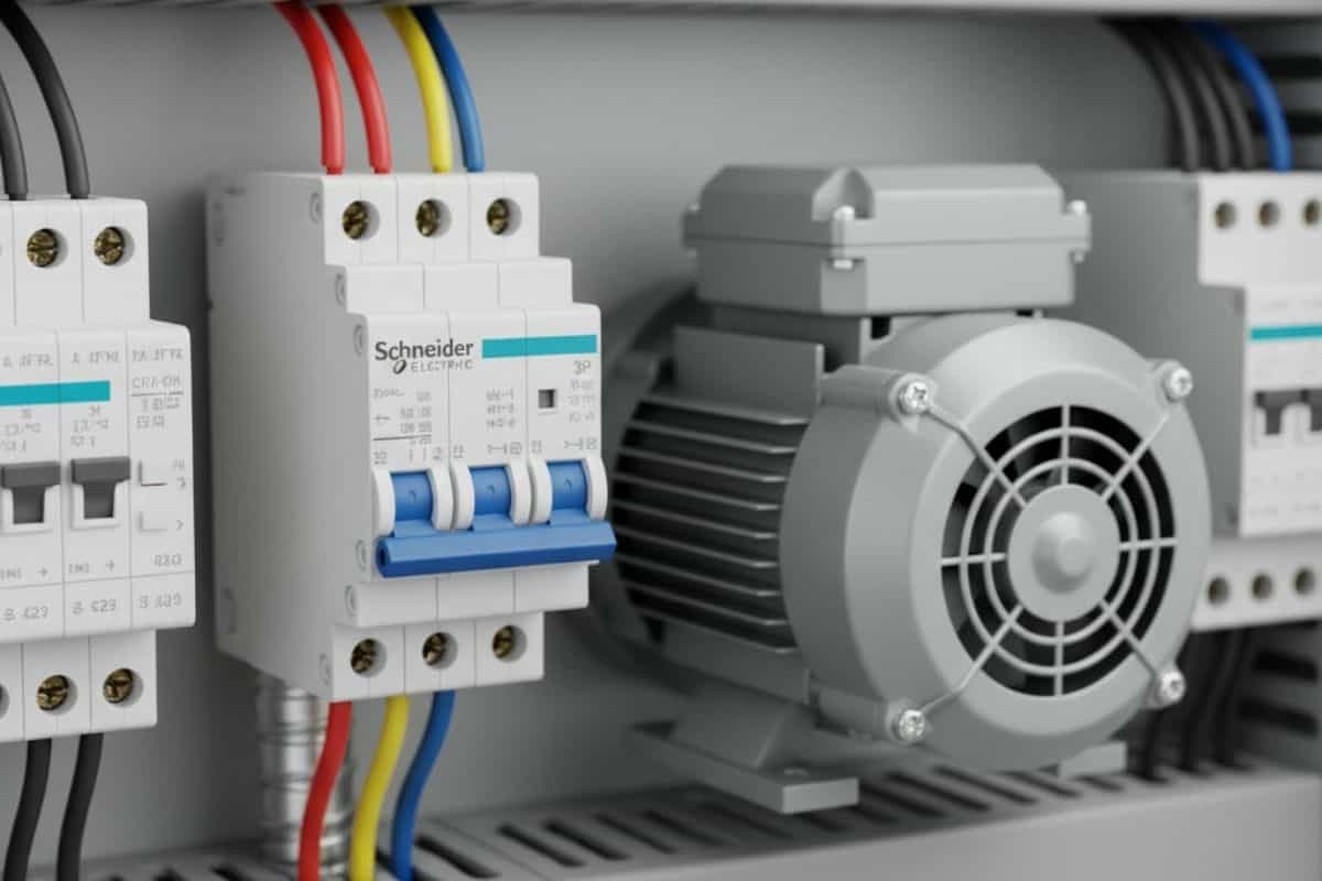 Một aptomat MCB 3P mạnh mẽ được lắp trong tủ điện công nghiệp để bảo vệ động cơ 3 pha.