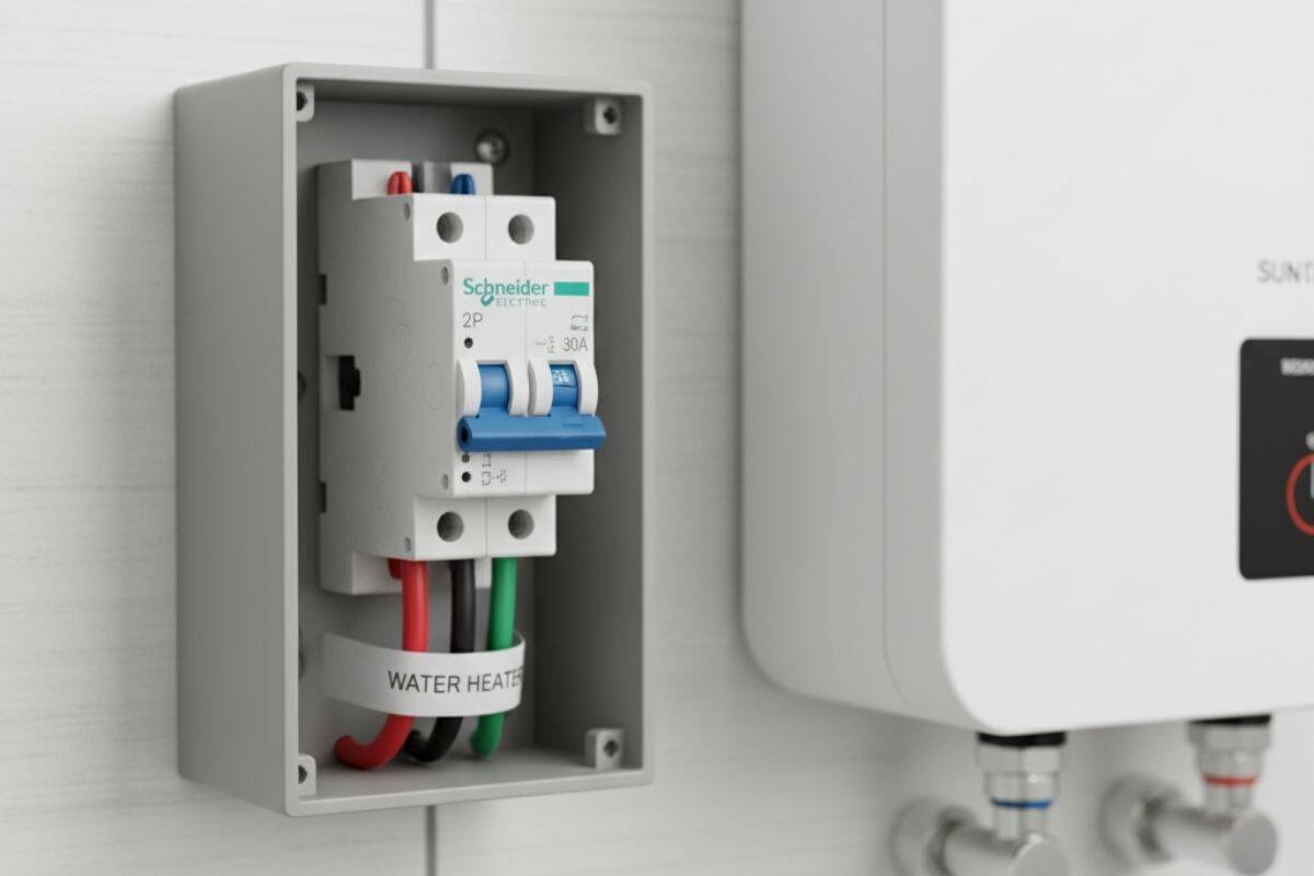 Aptomat MCB 2P được lắp đặt riêng cho một thiết bị công suất lớn như máy nước nóng trong nhà tắm hiện đại.