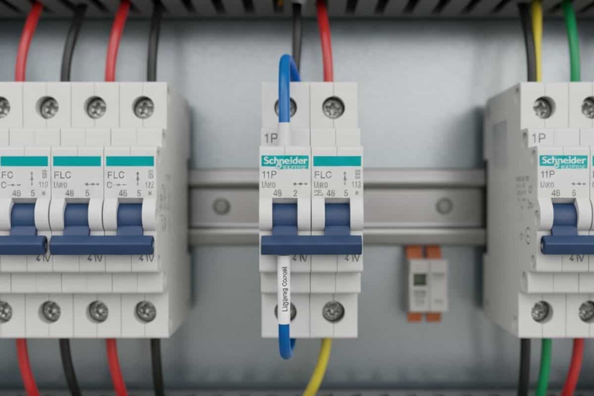 Một aptomat MCB 1P được lắp đặt gọn gàng trong tủ điện, kết nối với dây dẫn cho hệ thống đèn chiếu sáng.