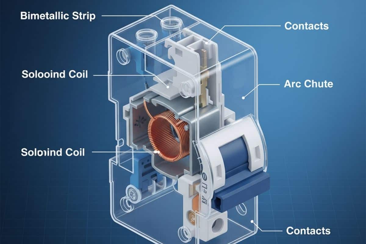 Infographic 3D chi tiết về cấu tạo và các bộ phận bên trong của một chiếc aptomat MCB hiện đại.