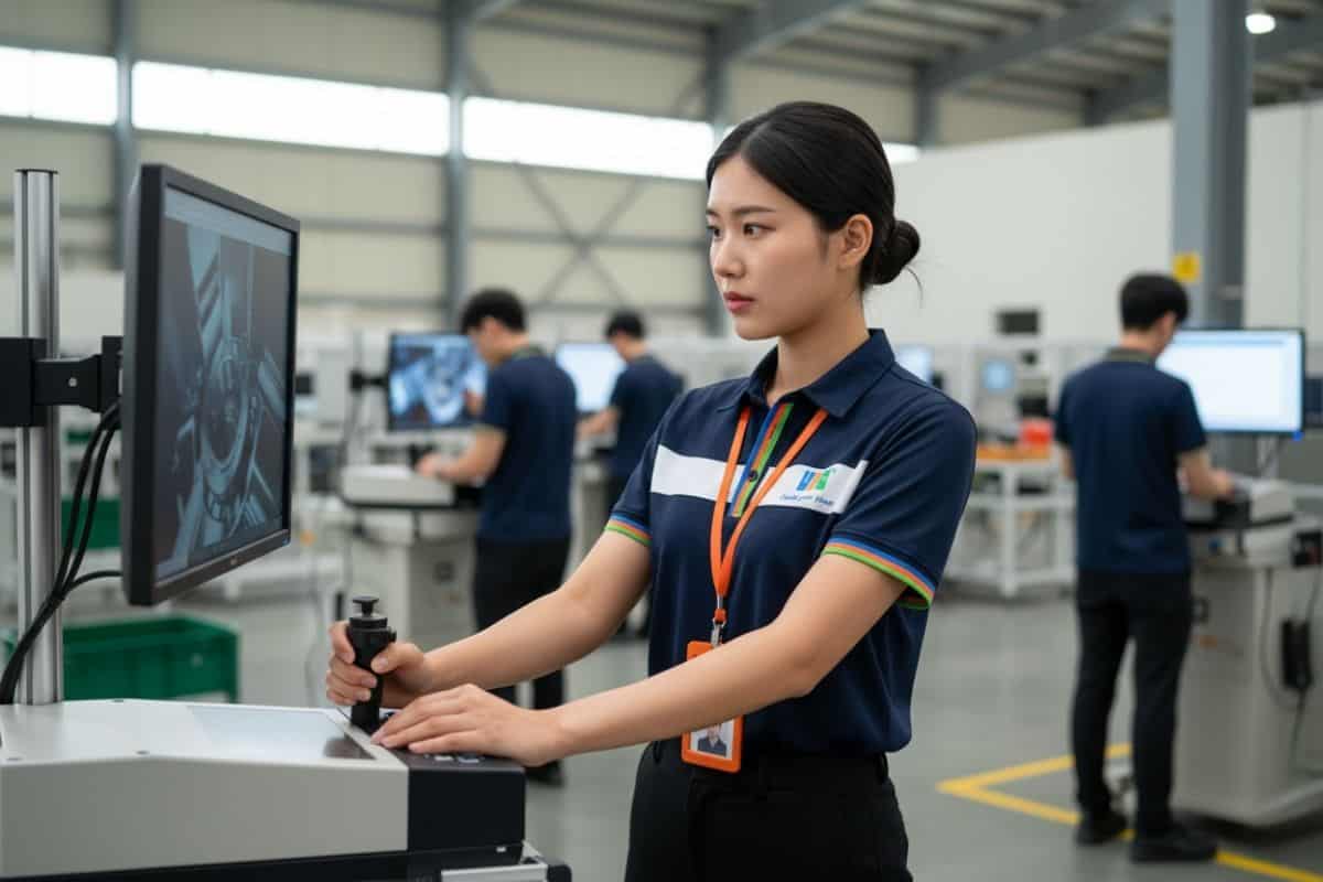 Nữ kỹ sư chuyên nghiệp sử dụng thiết bị nội soi công nghiệp RVI để kiểm tra máy móc.