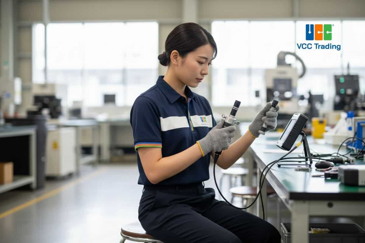 Nữ kỹ sư đang phân biệt và so sánh borescope ống cứng và videoscope mềm trong nhà xưởng hiện đại.