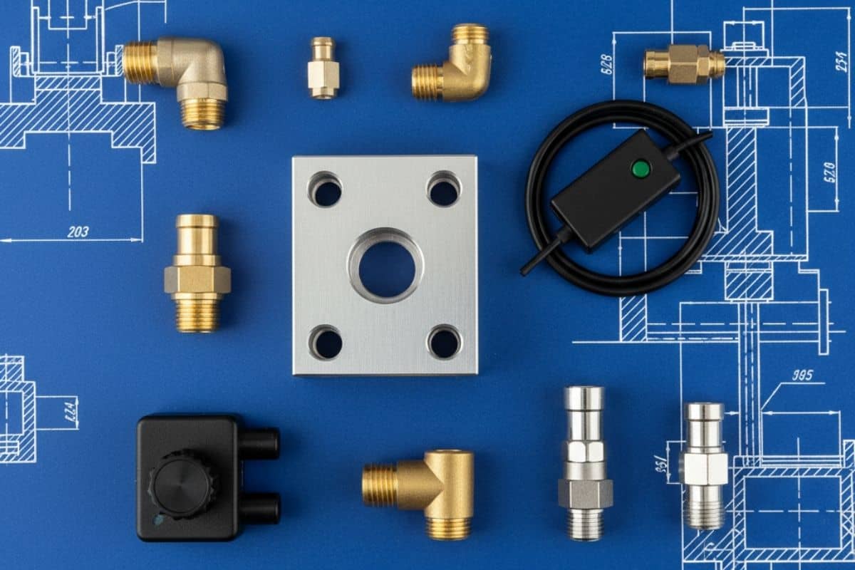 Tổng quan các loại phụ kiện xi lanh khí nén phổ biến như giá đỡ, cảm biến, van tiết lưu và đầu nối.