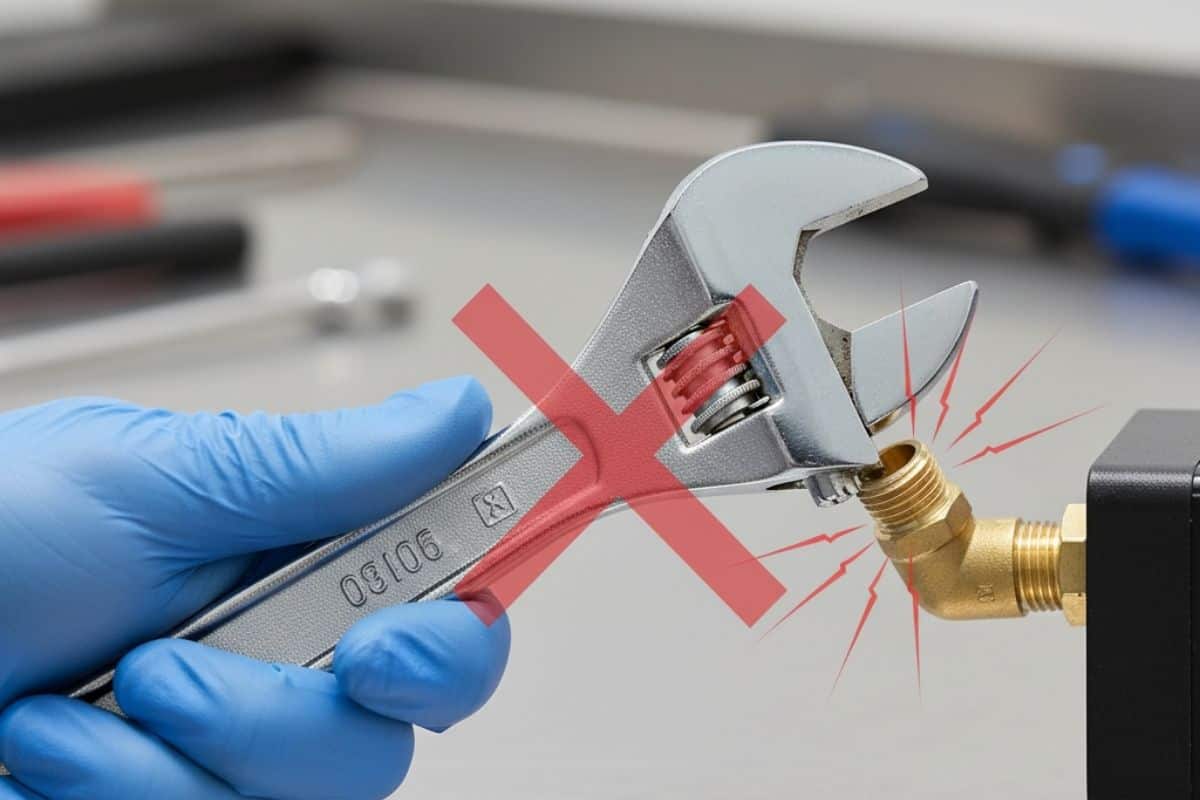 Minh họa lỗi sai khi siết đầu nối khí quá lực gây biến dạng và rò rỉ, cần được khắc phục.