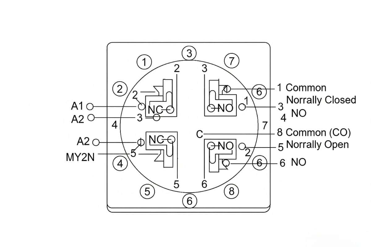 Sơ đồ chân rơ le trung gian 8 chân công nghiệp, thể hiện 2 chân cuộn hút và 2 cặp tiếp điểm C/O.