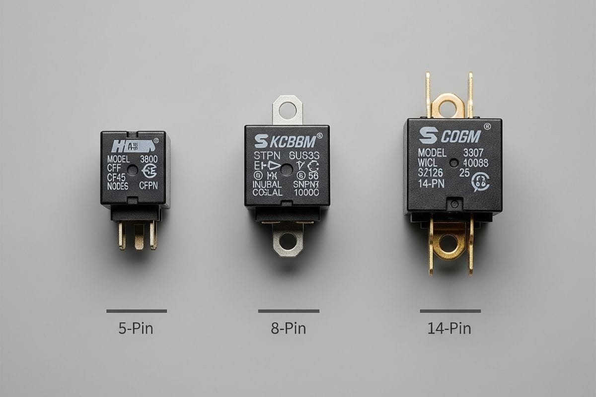 So sánh kích thước và hình dáng của rơ le trung gian 5 chân, 8 chân, và 14 chân.