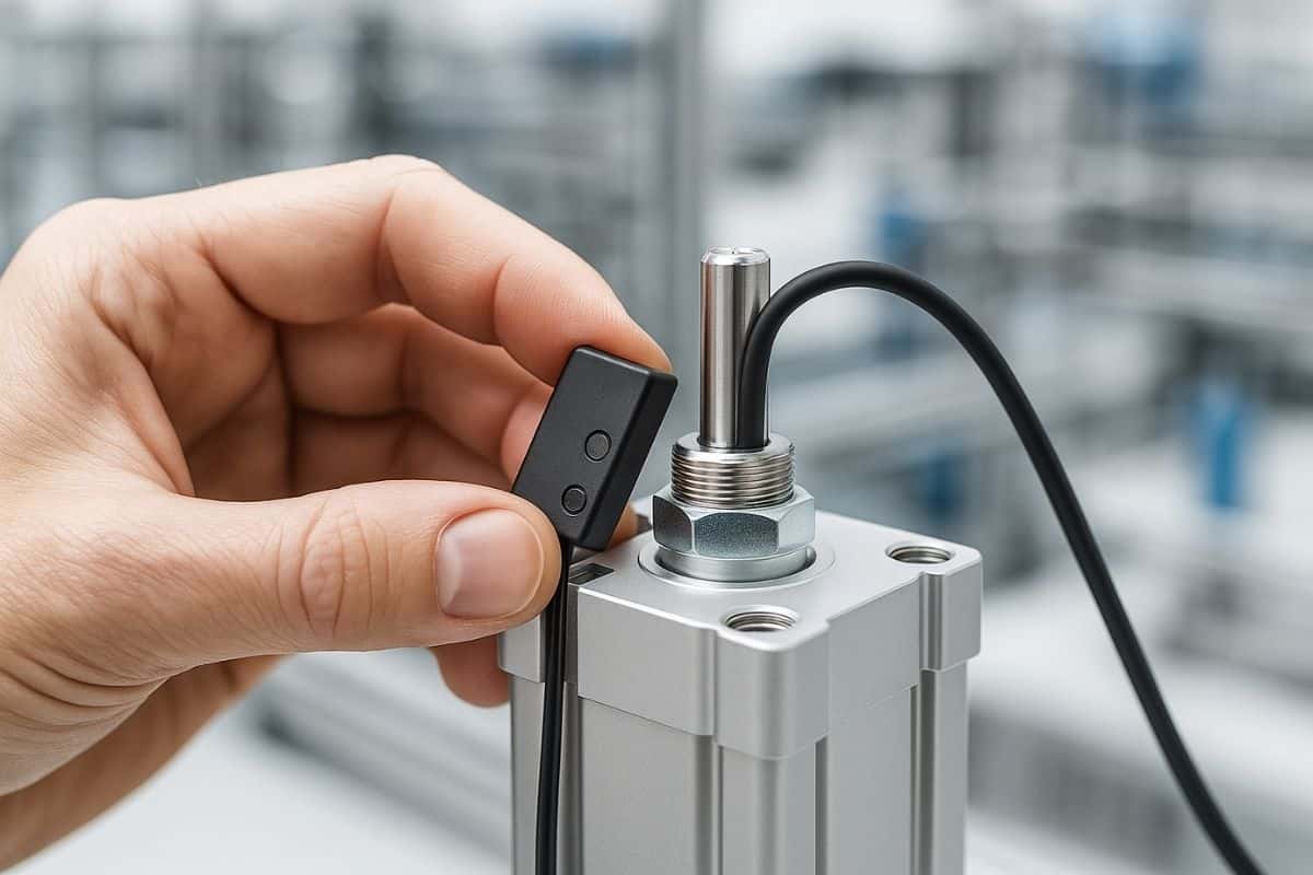 Lắp đặt cảm biến trên rãnh xi lanh khí nén thân vuông.