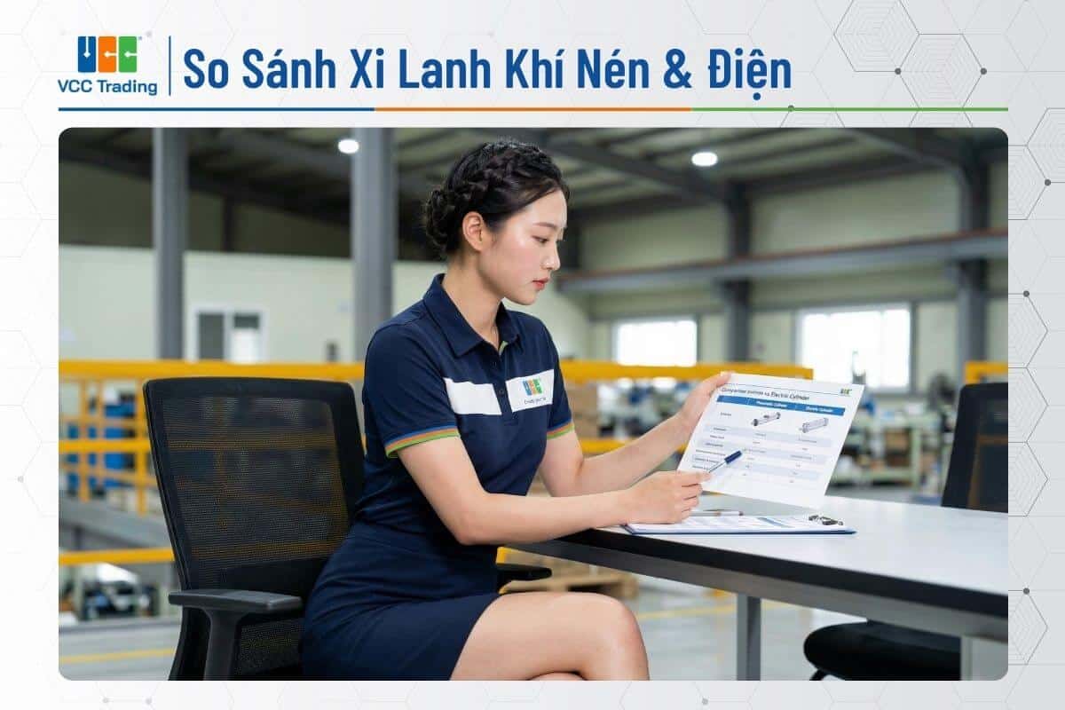 Nhân viên nữ VCCTrading đang tư vấn so sánh xi lanh khí nén và xi lanh điện tại văn phòng.