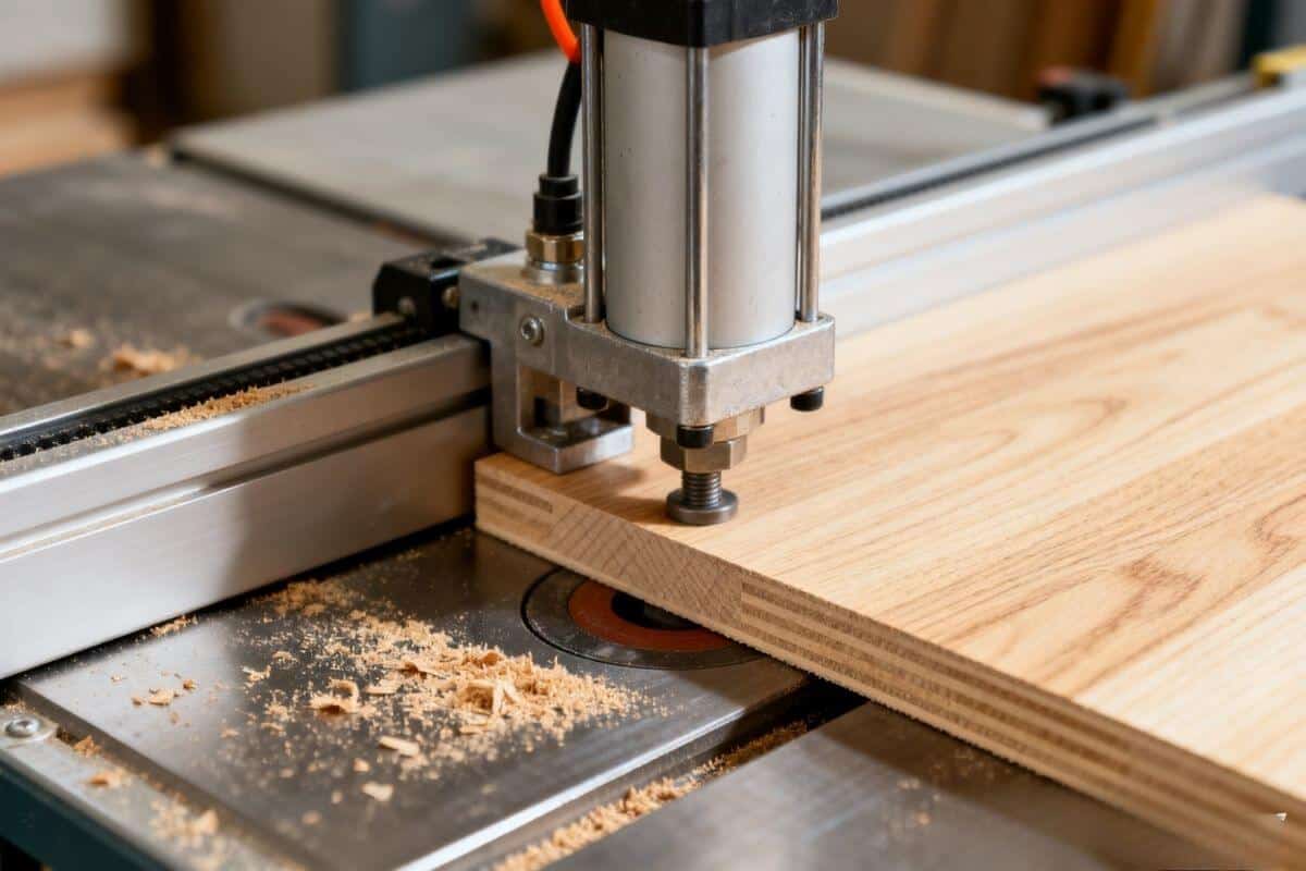 Xi lanh khí nén kẹp chặt phôi gỗ trên máy cưa bàn trượt để đảm bảo đường cắt chính xác.