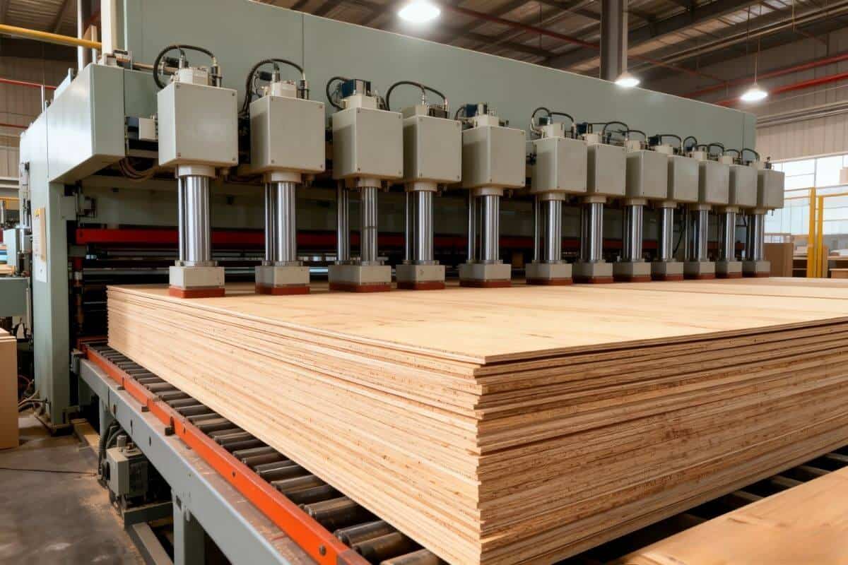 Hệ thống ben hơi vuông kích thước lớn lắp đặt trên máy ép gỗ nguội trong dây chuyền sản xuất.