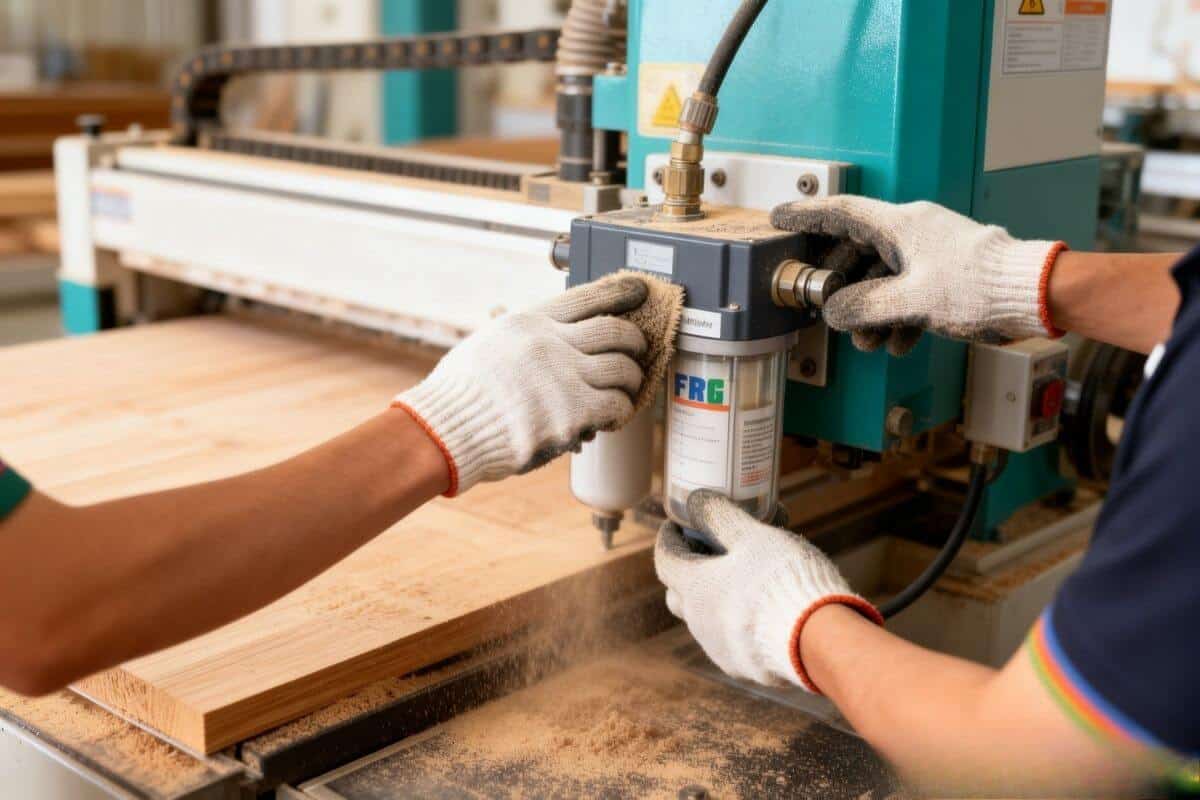 Kỹ thuật viên đang vệ sinh và kiểm tra bộ lọc khí nén FRL để bảo vệ xi lanh.